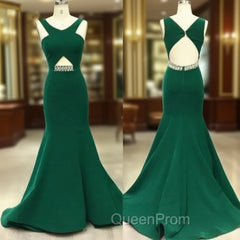 Green V Neck Mermaid Long Evening Prom Dresses, Green Evening Dresses For Teens