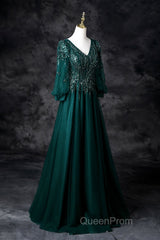Green V-Neck Tulle Beads Long Evening Prom Dresses, Elegant Long Sleeve Evening Party Dresses