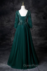 Green V-Neck Tulle Beads Long Evening Prom Dresses, Elegant Long Sleeve Evening Party Dresses