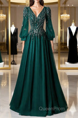 Green V-Neck Tulle Beads Long Evening Prom Dresses, Elegant Long Sleeve Evening Party Dresses