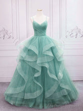 Green V Neck Tulle Long Prom Dress, Green Sweet 16 Dress