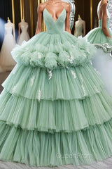 Green v neck tulle long Evening Prom gown, green tulle sweet 16 Dresses
