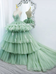 Green v neck tulle long Evening Prom gown, green tulle sweet 16 Dresses