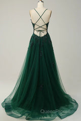 Green V-Neckline Tulle With Lace Cross Back, Green Tulle Evening Prom Dresses