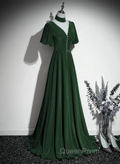 Green Velvet A-Line Short Sleeves Long Party Dresses, Green Long Evening Prom Dresses