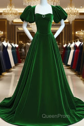 Green Velvet Backless Long Party Dresses, Green Short Sleeves Formal Dresses Evening Prom Dresses