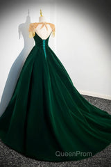 Green Velvet Beaded Long Evening Prom Dresses, A-Line Beautiful Evening Party Dresses
