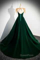 Green Velvet Beaded Long Evening Prom Dresses, A-Line Beautiful Evening Party Dresses