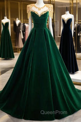 Green Velvet Beaded Long Evening Prom Dresses, A-Line Beautiful Evening Party Dresses