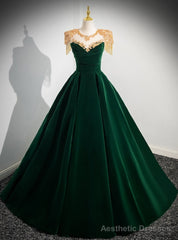 Green Velvet Cap Sleeve Appliques Beading Prom Dress