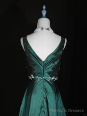 Green Vintage Style Taffeta with Lace Prom Dress, Green Long Party Dress