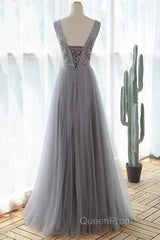 Grey A-Line Tulle With Lace Long Formal Dresses V-Neckline Evening Prom Dresses Sleeveless December Wedding Guest Dresses