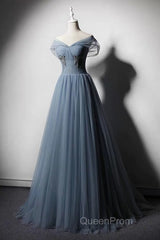Grey-Blue Tulle Off Shoulder Beaded Long Evening Prom Dresses Party Dresses, Long Evening Gowns