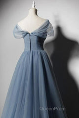 Grey-Blue Tulle Off Shoulder Beaded Long Evening Prom Dresses Party Dresses, Long Evening Gowns