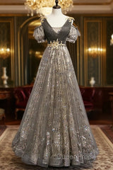 Grey Purple V-Neckline Tulle With Lace Evening Prom Dresses, Off Shoulder A-Line Party Dresses