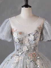 Grey Short Sleeves Tulle Ball Gown Evening Prom Dresses, Grey Ball Gown Sweet 16 Dresses