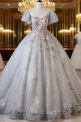 Grey Short Sleeves Tulle Ball Gown Evening Prom Dresses, Grey Ball Gown Sweet 16 Dresses