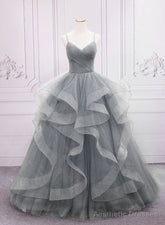Grey V-neckline Tulle Long Formal Dress, Grey Sweetheart 16 Dress