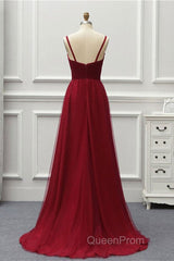 A Line High Low Tulle Evening Prom Dresses with Train, Burgundy V Neck Backless Formal Dresses