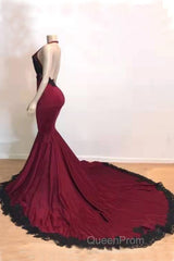 Burgundy Halter Deep V Neck Mermaid Evening Prom Dresses with Lace, Long Evening Gown