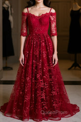 Half Sleeves Burgundy Lace Evening Prom Dresses, Wine Red Half Sleeves Long Lace Formal Evening Dresses