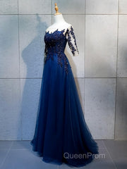 Half Sleeves Navy Blue Long Lace Evening Prom Dresses, Dark Navy Blue Long Lace Formal Bridesmaid Dresses