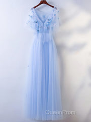 Half Sleeves Round Neck Blue Floral Long Evening Prom Dresses, Blue Long Formal Evening Dresses with Flower