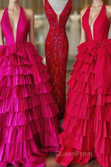 Halter A-Line Blue Satin Long Ruffled Evening Prom Dresses With Slit