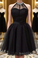 Halter Neck Backless Black Short Evening Prom Dresses, Open Back Black Homecoming Dresses