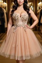 Halter Neck Backless Champagne 3D Floral Short Evening Prom Dresses, Backless Champagne Formal Graduation Homecoming Dresses