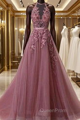 Halter Neck Backless Lace Evening Prom Dresses, Open Back Halter Neck Lace Formal Evening Dresses