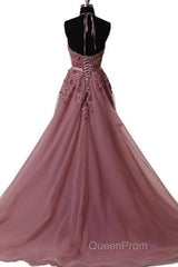 Halter Neck Backless Lace Evening Prom Dresses, Open Back Halter Neck Lace Formal Evening Dresses