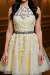 Halter Neck Backless Short Yellow Lace Evening Prom Dresses, Yellow Lace Formal Graduation Homecoming Dresses