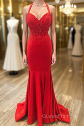 Halter Neck Mermaid Backless Red Lace Long Evening Prom Dresses, Mermaid Red Formal Dresses, Red Lace Evening Dresses
