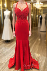 Halter Neck Mermaid Backless Red Lace Long Evening Prom Dresses, Mermaid Red Formal Dresses, Red Lace Evening Dresses