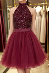 Halter Neck Open Back Beaded Burgundy Evening Prom Dresses, Backless Burgundy Homecoming Dresses, Short Burgundy Formal Evening Dresses