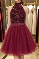Halter Neck Open Back Beaded Burgundy Evening Prom Dresses, Backless Burgundy Homecoming Dresses, Short Burgundy Formal Evening Dresses