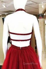 Halter Neck Open Back Beaded Burgundy Evening Prom Dresses, Backless Burgundy Homecoming Dresses, Short Burgundy Formal Evening Dresses