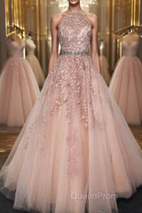 Halter Neck Pink Lace Long Evening Prom Dresses with Belt, Pink Lace Formal Dresses, Pink Evening Dresses
