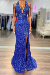 Halter Neck Royal Blue Long Evening Prom Dresses, Shiny Royal Blue Long Formal Evening Dresses