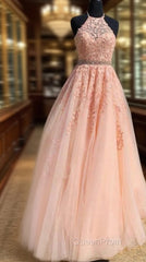 Halter Pink Lace Evening Prom Dresses With Appliques,