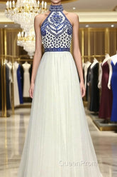 Halter Scoop Neck Tulle Floor-Length Evening Prom Dresses