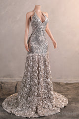 Halter Sequins Mermaid Dress Off Shoulder Deep V Neck Prom Gowns Sexy Backless Long Train Evening Party Prom Gowns