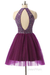 Halter Sleeveless Short Purple Homecoming Dresses Evening Prom Dresses