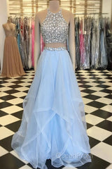 Halter Two Piece Beading Blue Ruffles Tulle Evening Prom Dresses