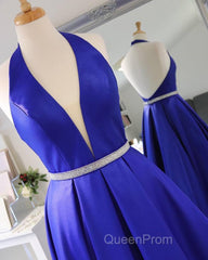 Halter V Neck Backless Blue Long Evening Prom Dresses with Belt, Backless Blue Formal Evening Dresses