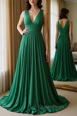 Halter V Neck Backless Emerald Green Satin Long Evening Prom Dresses, Backless Emerald Green Formal Graduation Evening Dresses