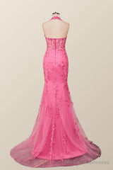 Halter Fuchsia Yellow Lace Mermaid Prom Dress
