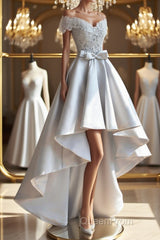 High Low Off Shoulder Gray Lace Evening Prom Dresses, Off the Shoulder Gray Homecoming Dresses, Gray Lace Formal Evening Dresses