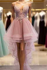 High Low Pink Lace Evening Prom Dresses, Pink High Low Formal Graduation Homecoming Dresses